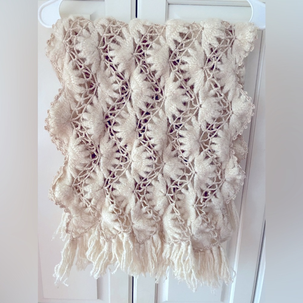 Vintage crochet Beige shawl scarf fringes Golden thread hand knitted oversized